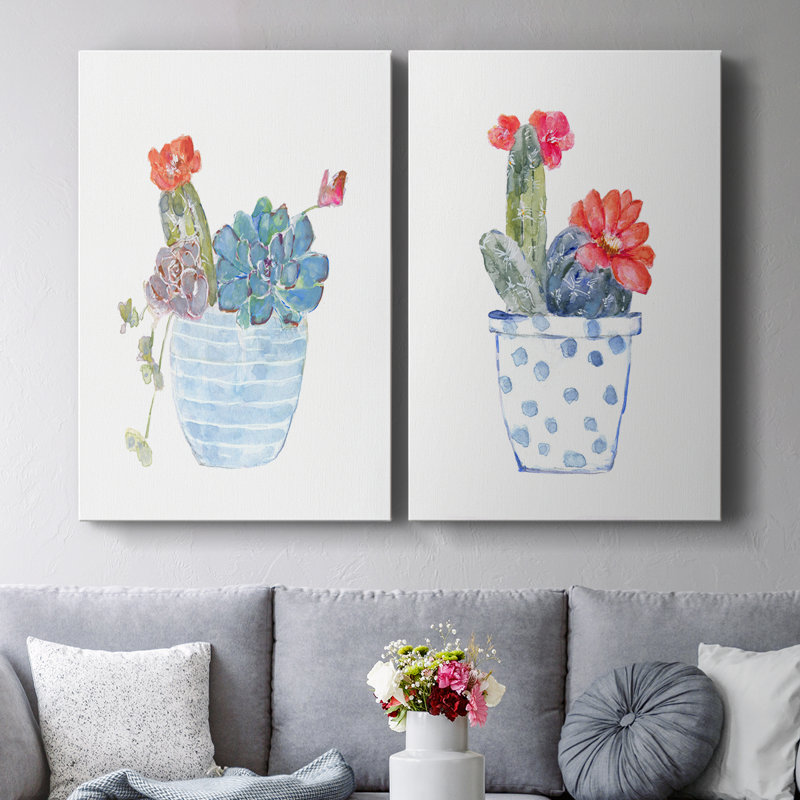 Cactus et fleurs succulentes I - Toile tendue avec châssis de qualité supérieure - Prêt à être accroché, H 12 po x l 16 po