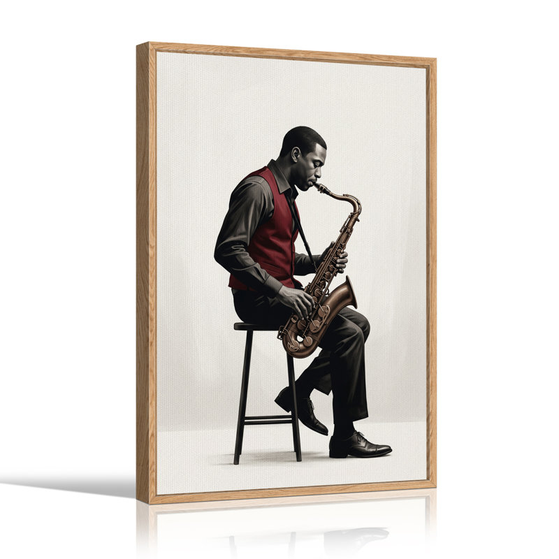 Tableau sur toile représentant un saxophoniste assis sur un tabouret en gilet rouge, H 36 po x l 24 po