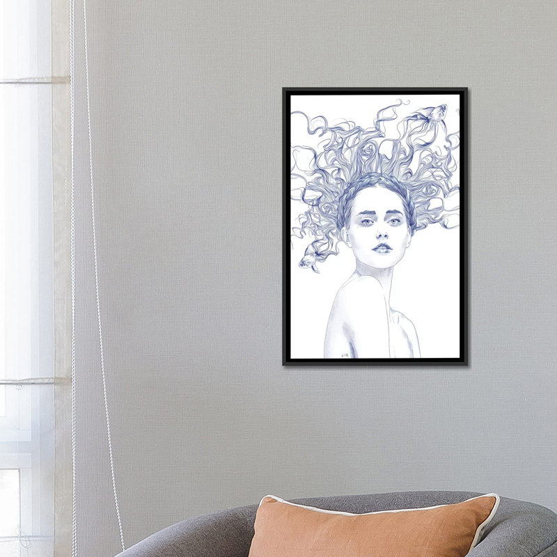 « blue summer », impression sur toile tendue, H 26 po x l 18 po x P 1,5 po, Toile avec cadre flottant noir, Pas de tapis