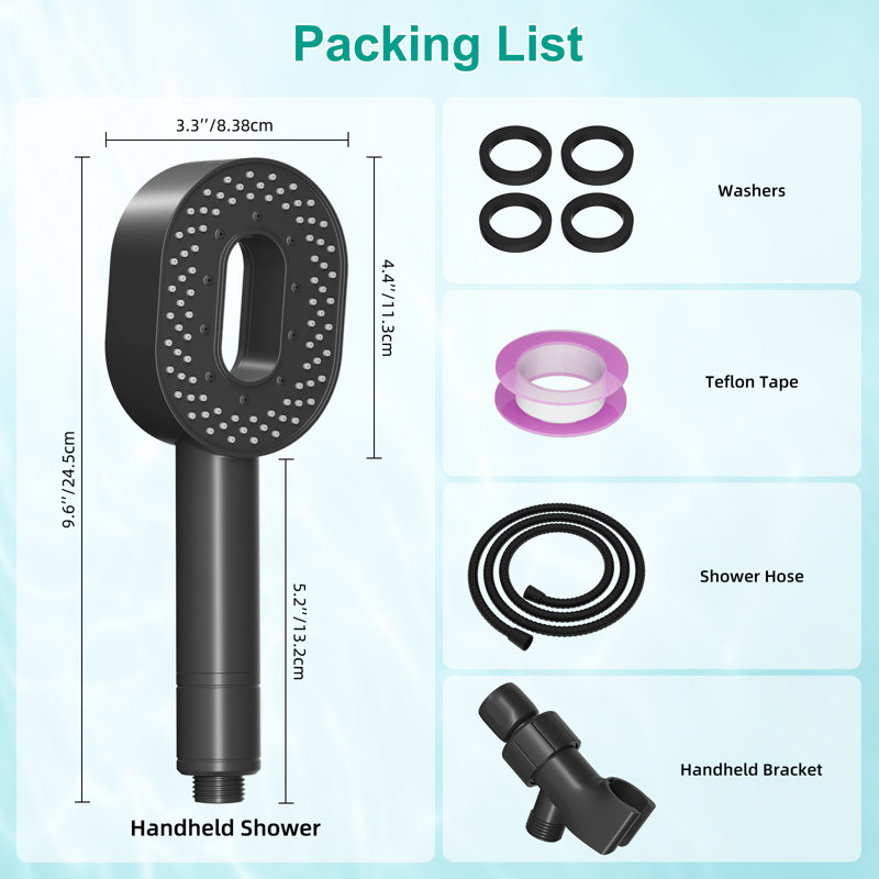 Pomme de douche à main à 5 jets filtrés à haute pression avec support et boyau de douche de 59 pouces, noir mat, Matte Black