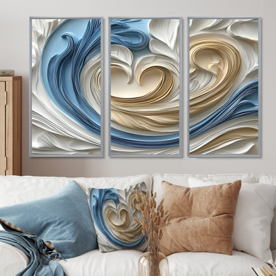White Spiraling Hearts Accented With Blue I - Abstract Spirals Wall Art Set