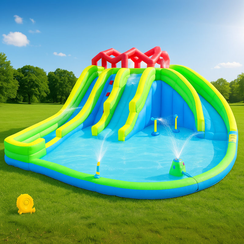 Parc aquatique gonflable 17 pi x 16,5 pi avec glissades, soufflerie et caractéristiques aquatiques