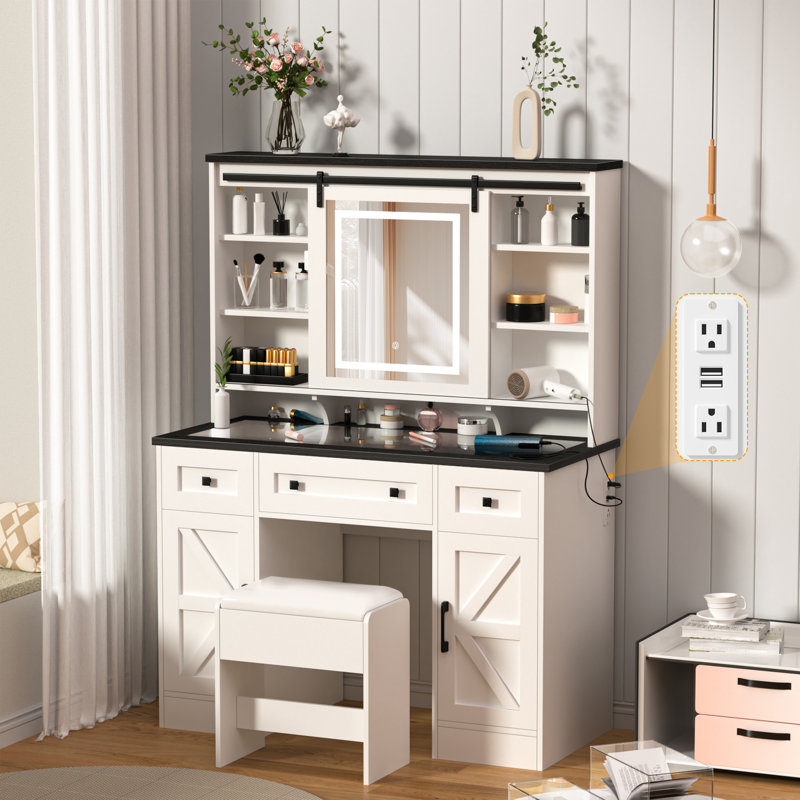 Vanity Desk with Sliding Mirror,Makeup Table Chair Set with 3 LED Light Modes, 3 Drawers, 2 Barns