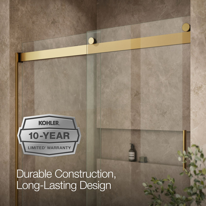 Levity 74" H x 59.63" W Bypass Shower Door with CleanCoat® Technology, Moderne Brass, Crystal Clear