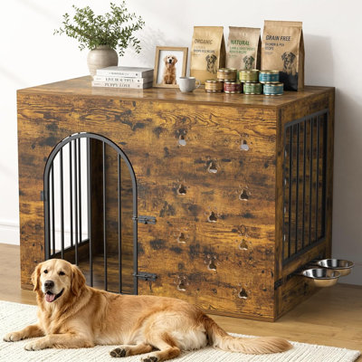 Extra Large Dog Crate Furniture, 40" Heavy Duty Chewproof Dog Kennel with 360° Adjustable Bowls, 40.2"L x 24.6"W x 30"H indoor large crate, Brown