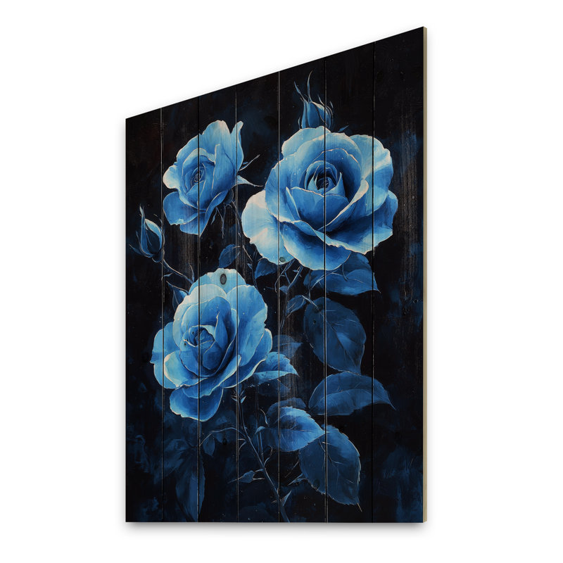 «Dark Aqua Roses Elegance At Night I», art mural en bois Roses, sur bois de pin naturel, H 40 po x l 30 po x P 0,78 po