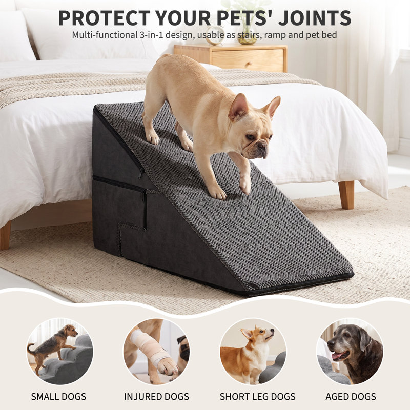 Escalier multifonction à 4 niveaux pour animaux de compagnie, échelle convertible en mousse avec rampe et lit de repos, surface antidérapante en polyester, marches d'intérieur pliables pour animaux de petite et moyenne taille, gris