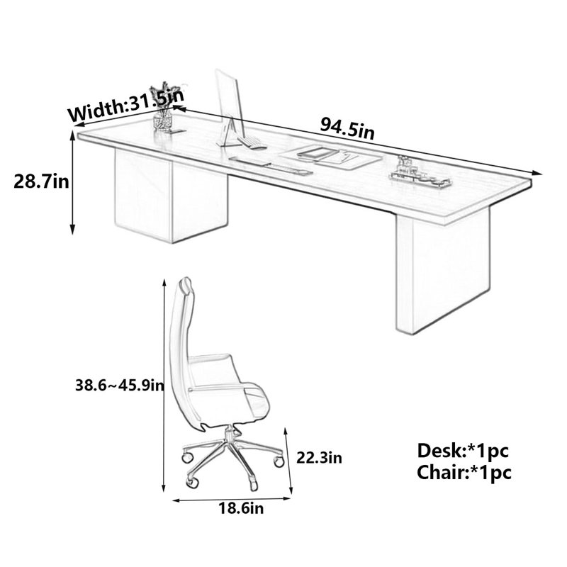 Bureau de luxe en bois massif, H 28,7 po x l 94,5 po x P 31,5 po
