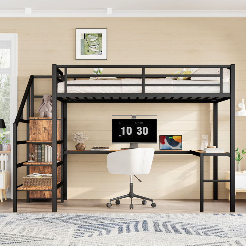 Grand lit mezzanine en métal avec bureau en forme de L, DEL, garde-robe, tablette ajustable et escalier