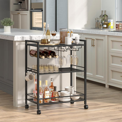 3-Tier Bar Cart with Wine Rack & Glass Holder, Rolling Beverage Cart with Lockable Wheels