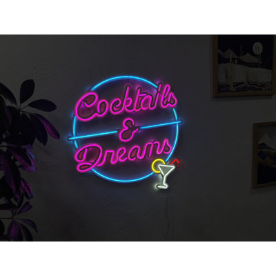 Cocktails and Dreams Neon Sign, Neon Metal Wall Decor, Neon Metal Wall Art, Neon Wall Sign, Neon Wall Decor, Led Room Decor, Home Bar Neon Sign (Without Remote Control)