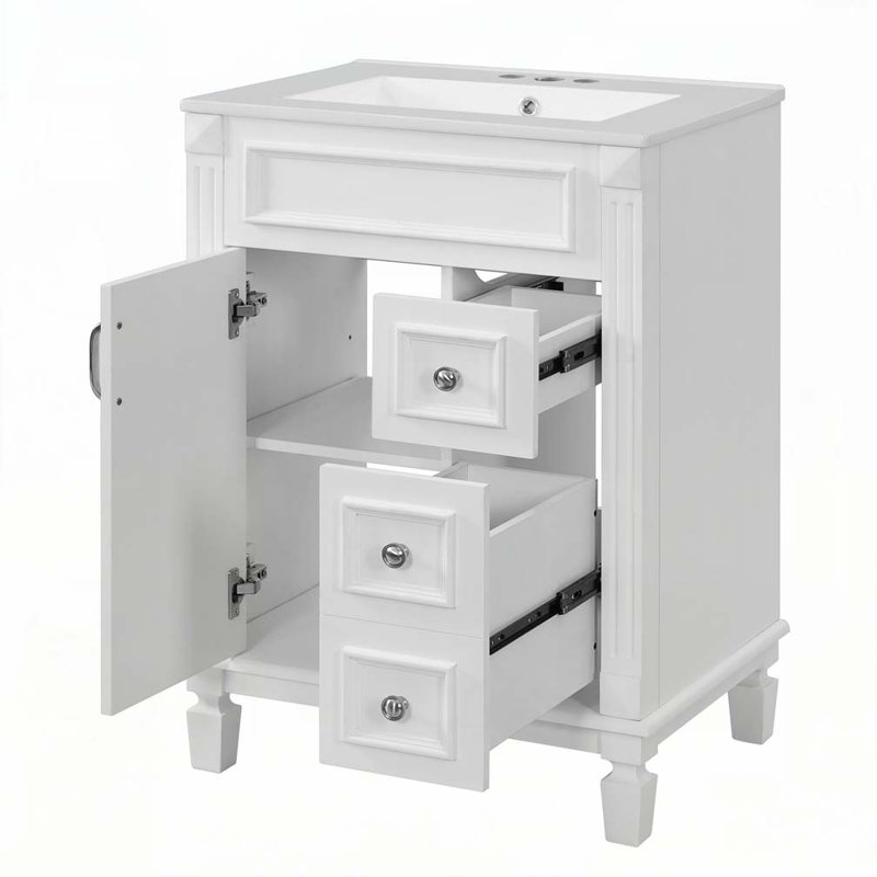 Meuble-lavabo avec lavabo en céramique, armoire avec 2 tiroirs et tablette réglable, Blanc / argent 