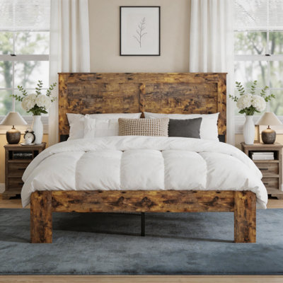 Rustic Wood Platform Bed Frame, Industrial Style Bed With Metal Slat Support, No Box Spring Required, Easy Assembly，Queen Size Bed