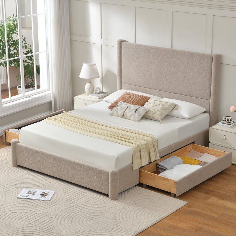 Lit plateforme tapissier à tête de lit haute de 51,8 po avec 2 grands tiroirs de rangement en bois Juanetta, beige, très grand