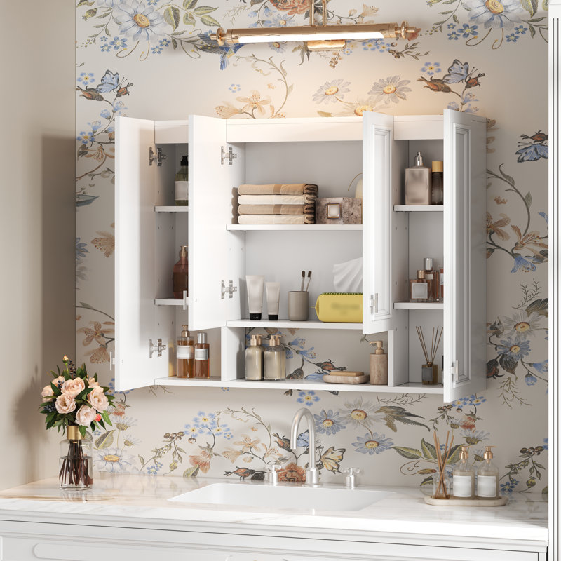  Armoire à pharmacie murale avec 5 tablettes réglables, rangement miroir moderne avec tablette ouverte, blanc