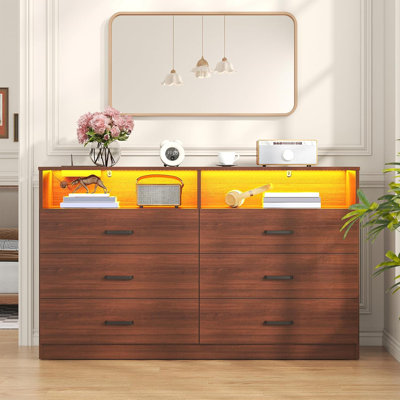 6 Drawer Dresser with Power Outlet, Dresser with LED Light, Modern Chest of Drawers with Open Storage Cubbies for Closet, Double Wide Drawer Organizer Cabinet for Bedroom, Living Room