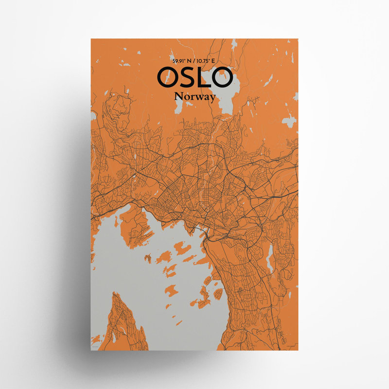 Oslo, carte de la ville, impression, H 36 po x l 24 po, Orange / gris