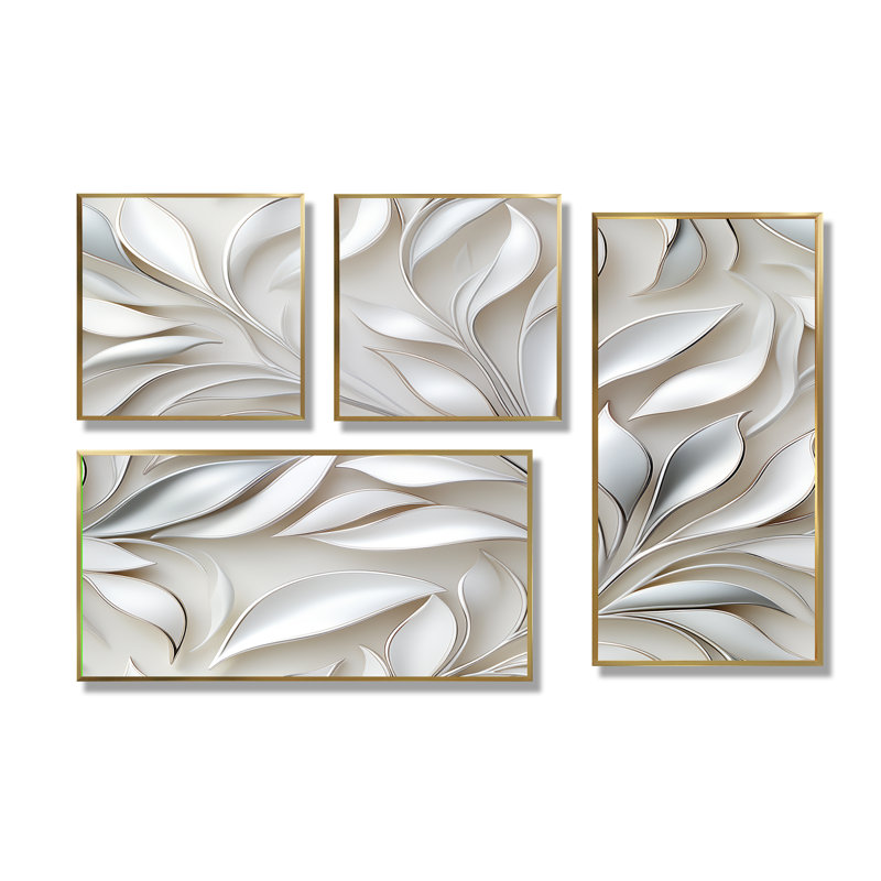Motif abstrait de fleurs blanches et argentées sur toile blanche 4 pièces, Impression encadrée sans passe-partout, Doré