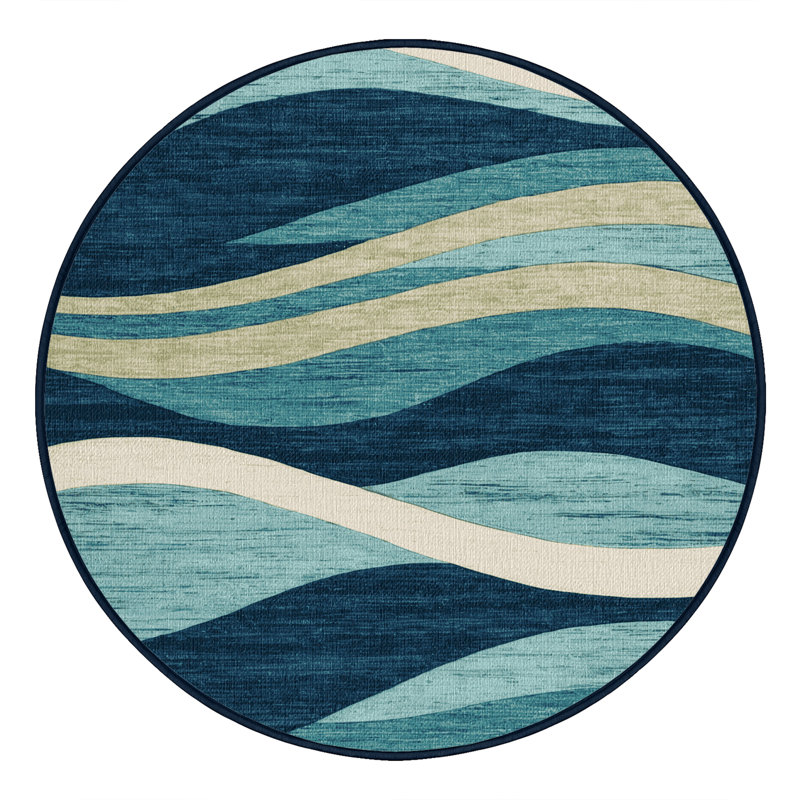 Washable Abstract Waves Hawaiian Area Rug, Round 7'