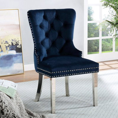 Fauteuil à oreilles pour salle à manger, 2 pièces, bleu avec dossier à boutons et garniture de pieds, 2 pièces, bleu, dossier, clouté