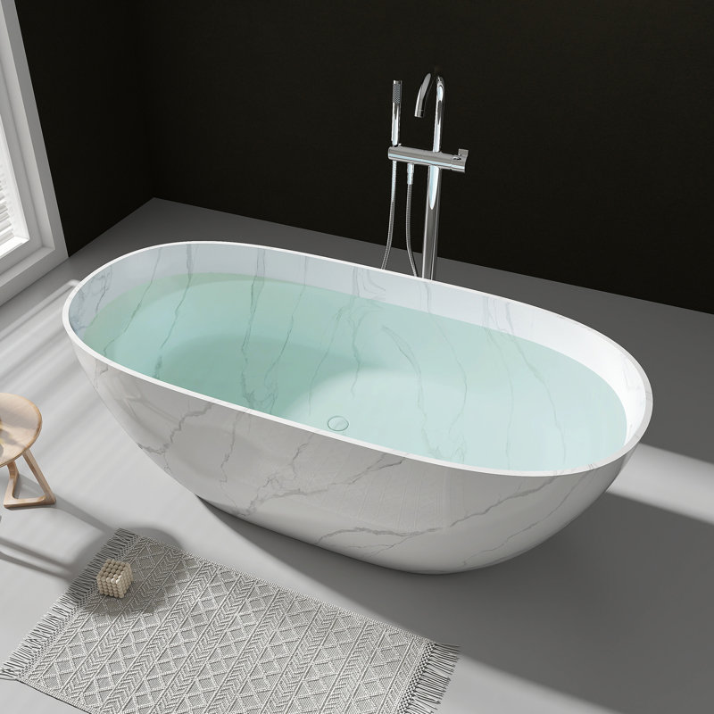 63" Marble-pattern Solid Surface Freestanding Soaking Tub