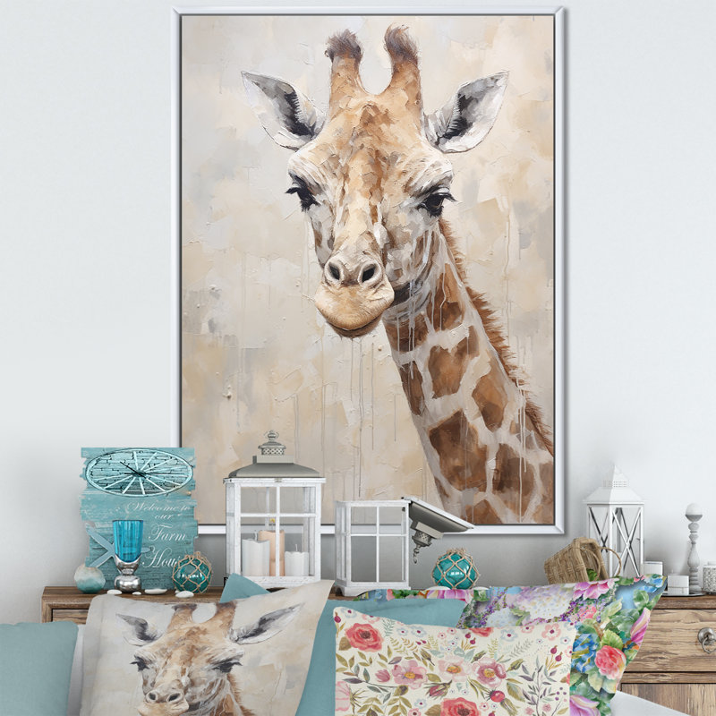 Minimalisme, girafe beige - impressions sur toile, Cadre flottant blanc, H 32 po x l 24 po x P 1 po