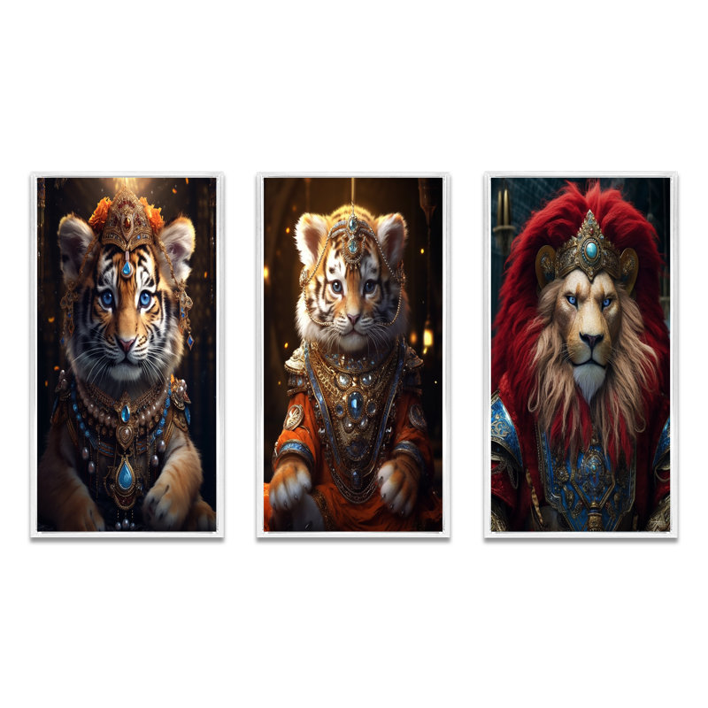 «Cute Little Royal Lion Kitten II», 3 pièces sur toile, Cadre blanc, H 28 po x l 36 po