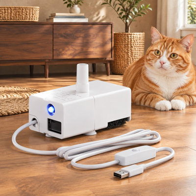 DC 200 USB-Powered Ultra-Quiet Replacement Pump for 50oz/95oz/108oz cat and dog fountains, with a toggleable LED on/off switch, 5ft cord, long service life, and easy-clean design.
