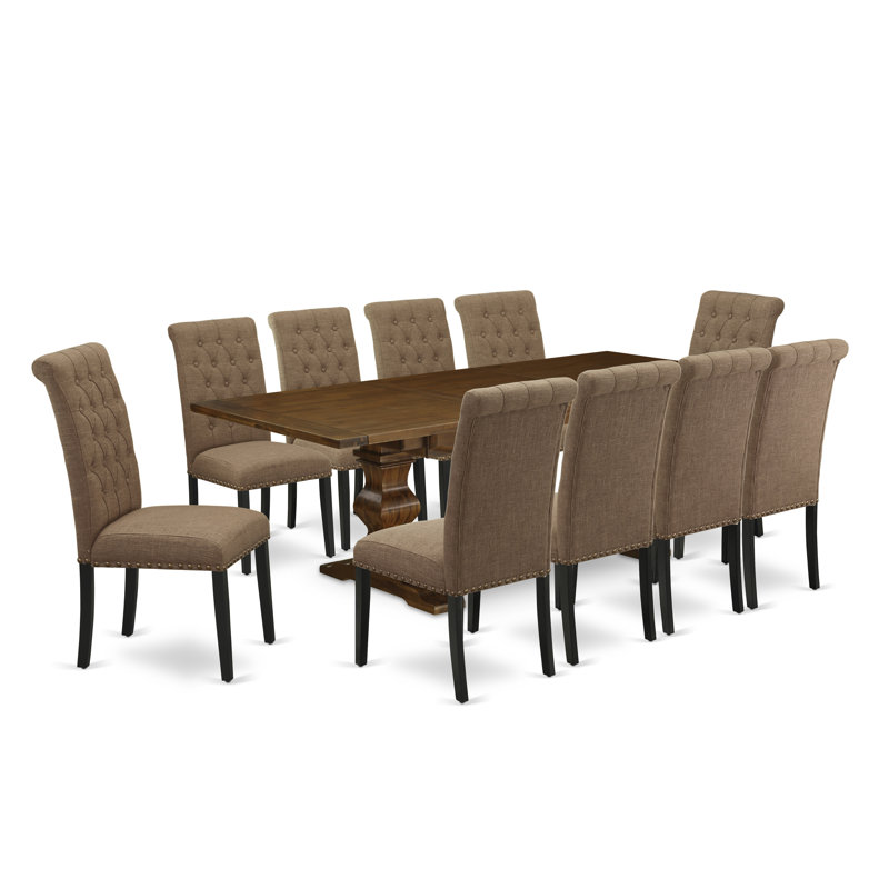 11 Piece Dining Set Includes a Rectangle Dining Table with Removable Leaf and 10 Light Sable Linen Fabric Upholstered Chairs, Walnut