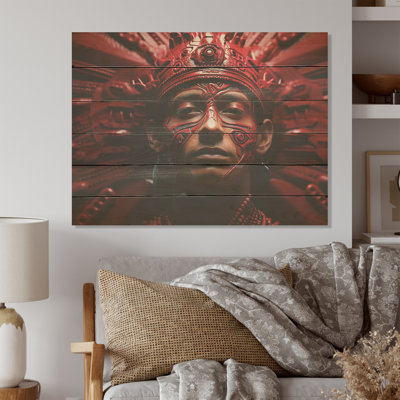 Red And Black Aztec Warrior Portrait I - African Mask Wood Wall Art On Natural Pine Wood