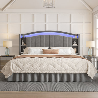 Velvet Upholstered Bed Frame with Flip-top Storage Headboard, Matching Bed Skirt, LED Lights and Charging Station For Bedroom