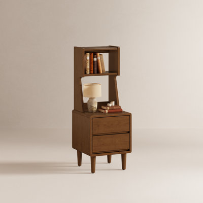 Annie Casimir Solid Wood Narrow Bookshelf with Drawers, Tall Bookcase Nightstand with Open Shelves, Modern Storage Cabinet for Bedroom Living Room Office