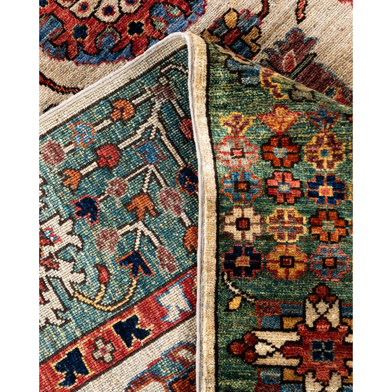 Hand-Knotted Geometric Wool Area Rug in Beige and Red
