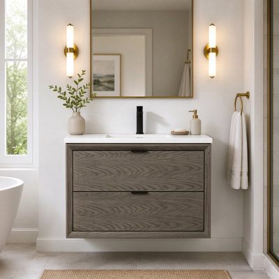 Meuble-lavabo flottant simple en bois massif 36 po avec plateau en marbre