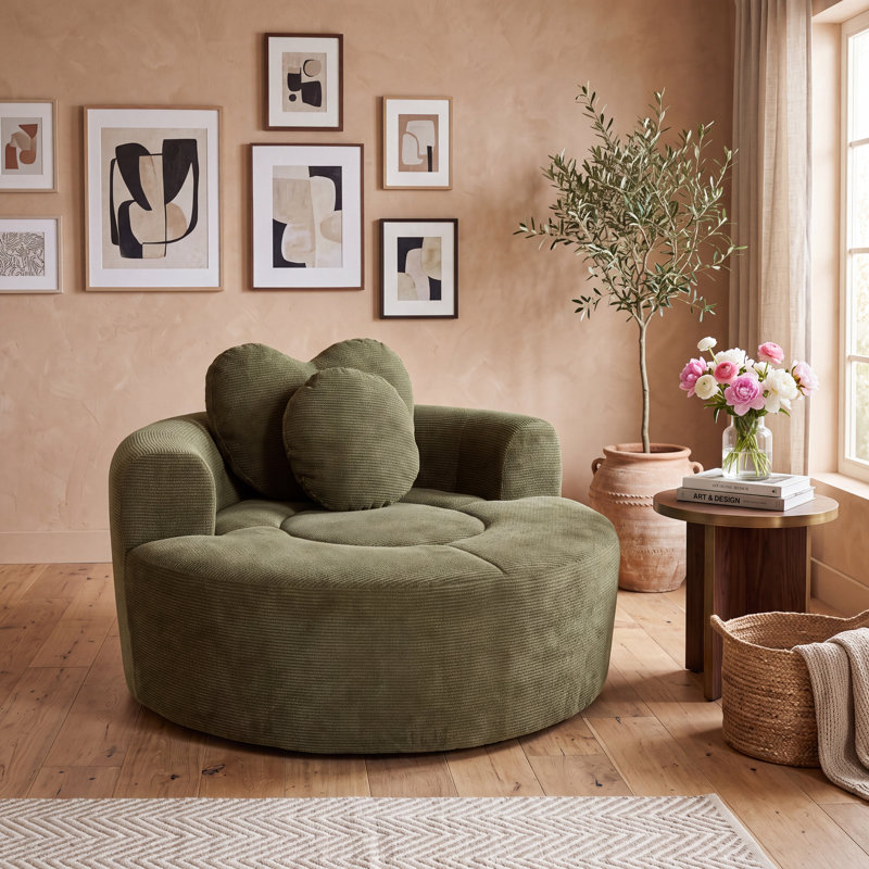 Fauteuil surdimensionné avec méridienne ronde en tissu gaufré et grand fauteuil circulaire sans assemblage requis, Vert