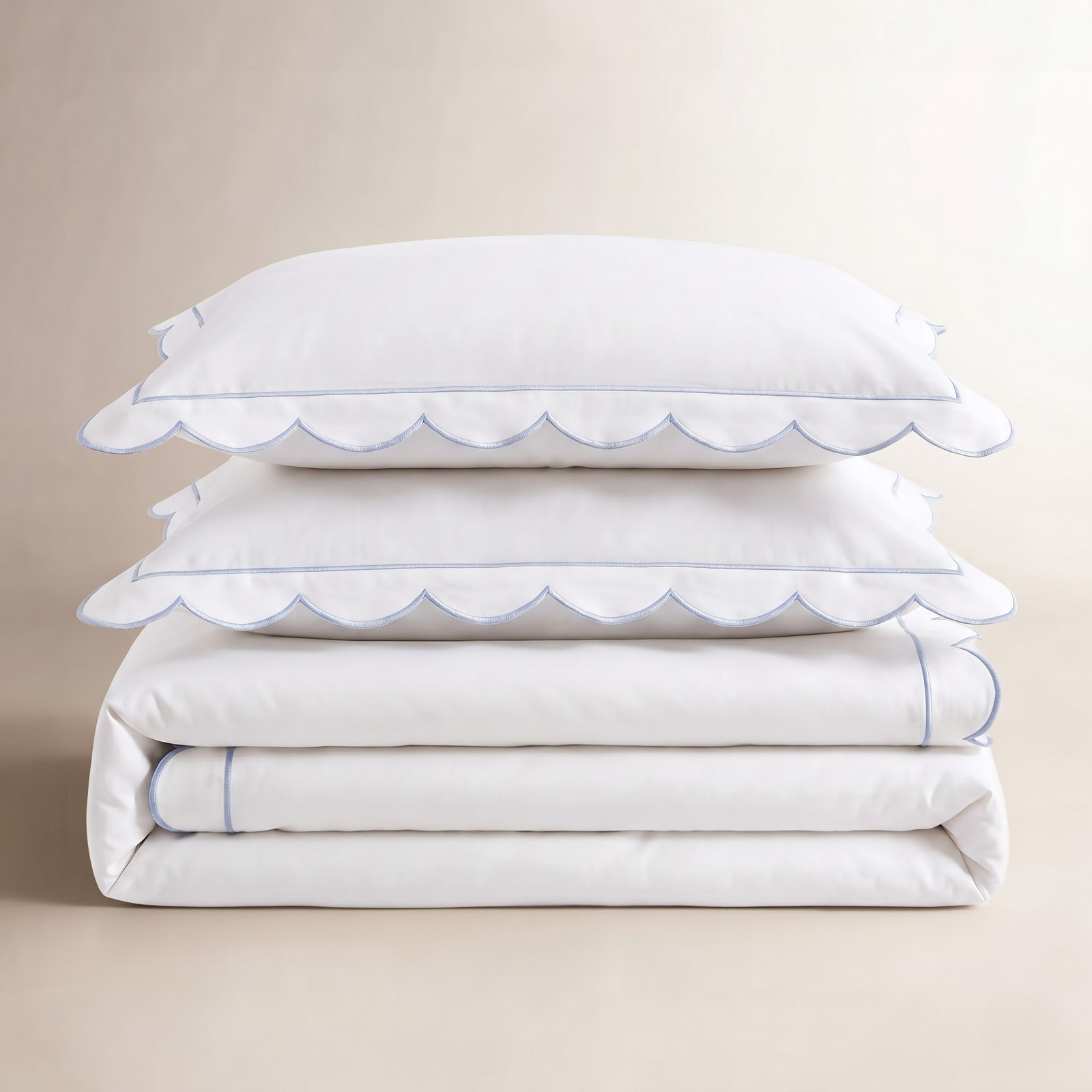 SCALLOP FRAME PERCALE DUVET SET, Blue, King Duvet Cover + 2 King Shams