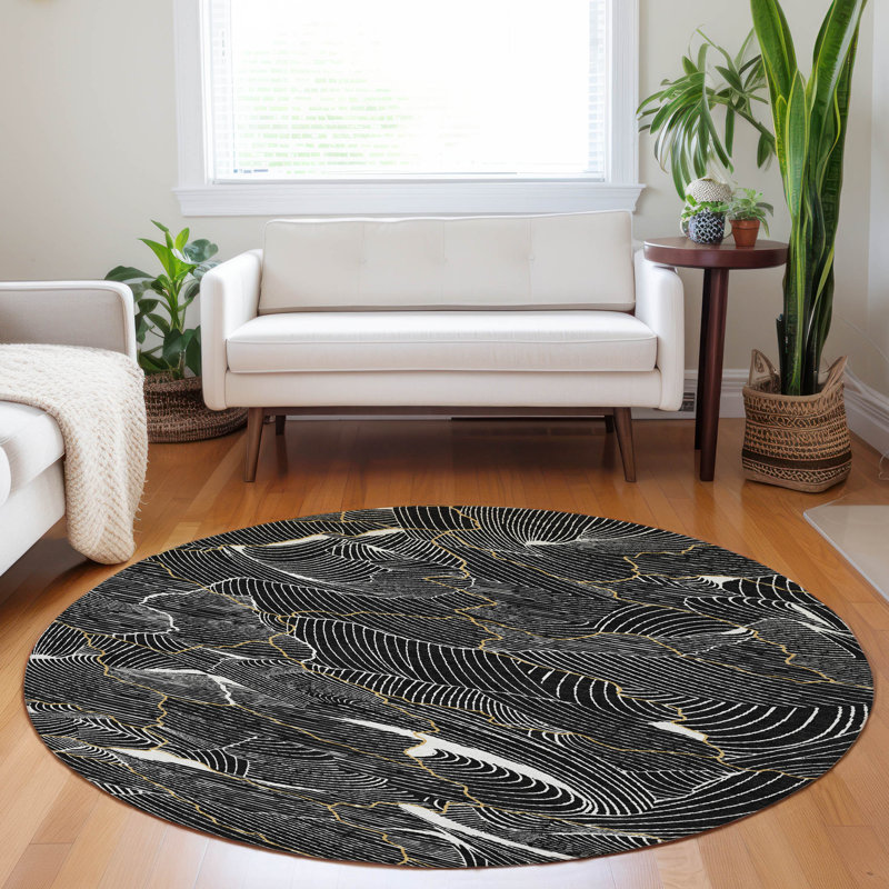 Sahari Black Washable Indoor-Outdoor Rug - , 8' x 8'