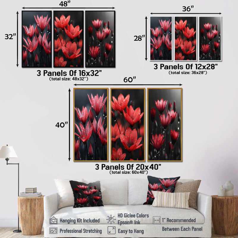 Monochromes rouges, noirs, pissenlits, gouttes de pluie, H 32 po x l 48 po, Toile tendue, Ne s’applique pas