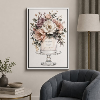 «Blush Peony Bouquet In Glass Perfume Bottle Art», images de chambre à coucher, impression sur toile encadrée
