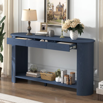 Console en placage de chêne moderne de 59,8 po avec 3 tiroirs, table d'entrée de style campagnard avec tablette, table de canapé en bois de conception semi-circulaire, convient au salon, au couloir, au vestibule, au vestibule, au couloir