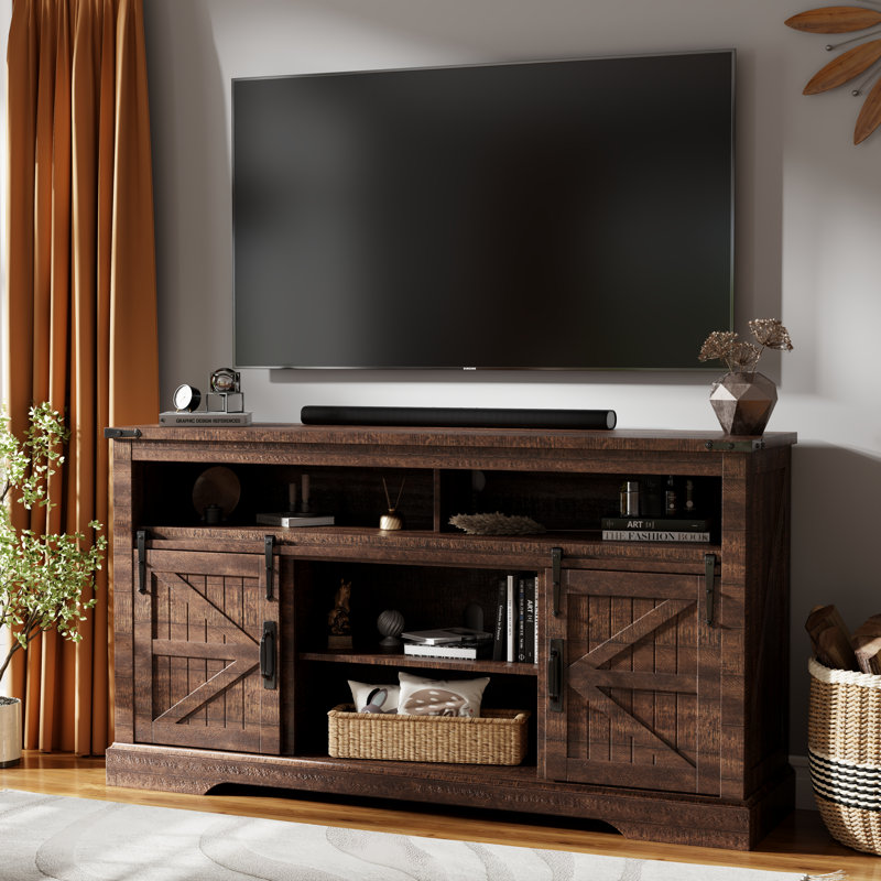 TV Stand For Tvs Up To 65" With 2 Sliding Barn Doors, Brown
