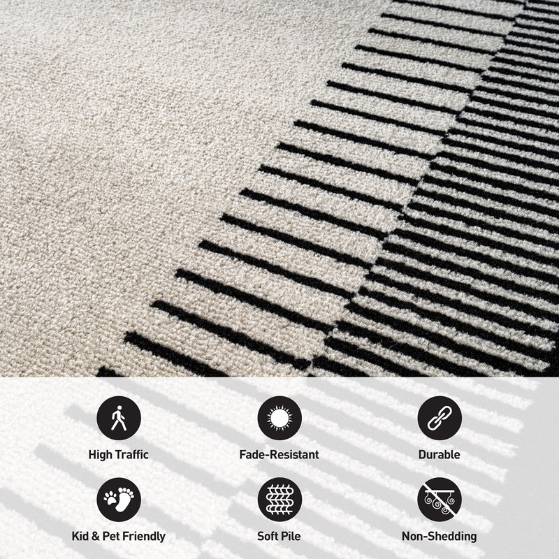 Modern Abstract Area Rug Soft Bordered Design, Cream/Black, Rectangle 7'10" x 10'
