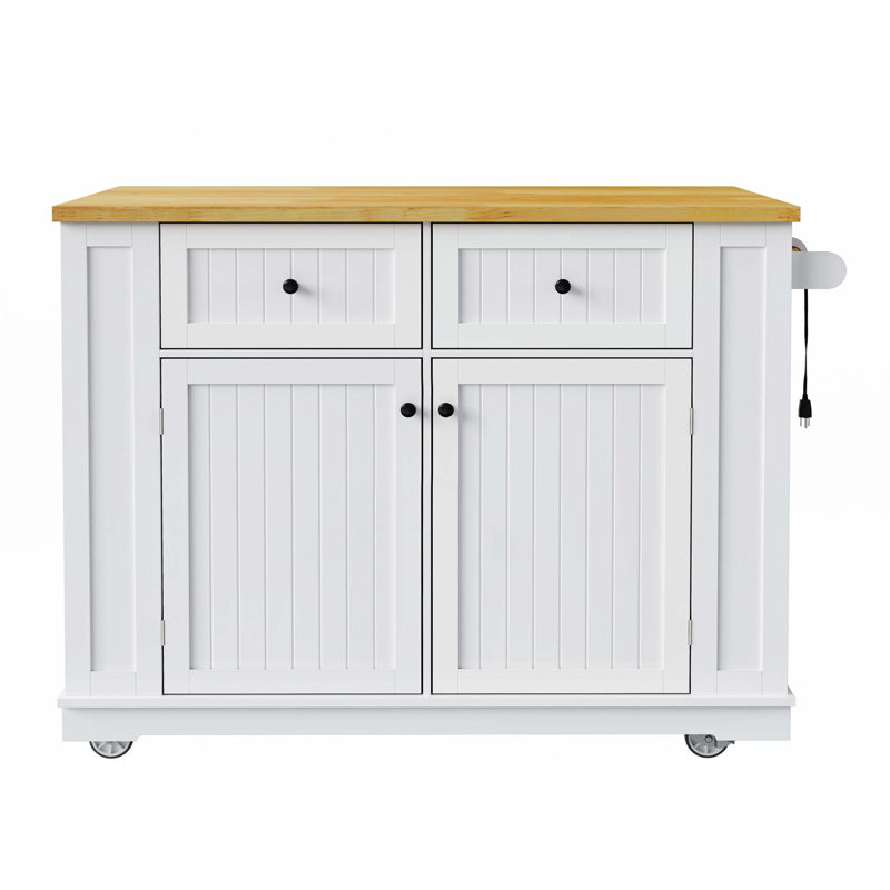 Grand îlot de cuisine de 48 pouces avec rallonge, prise de courant, 5 roulettes et 5 supports latéraux ouverts (tabourets non inclus)