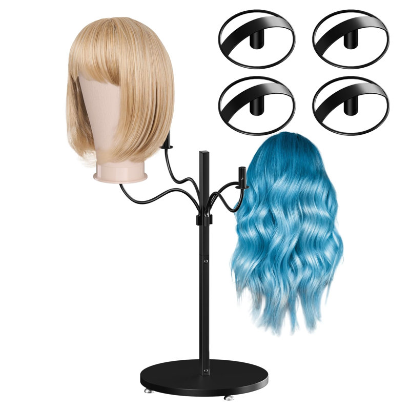 Wig Stands - Support de support de perruques multiples, support, organisateur de rangement pour support à tête de mannequin en métal (noir avec 4 supports)