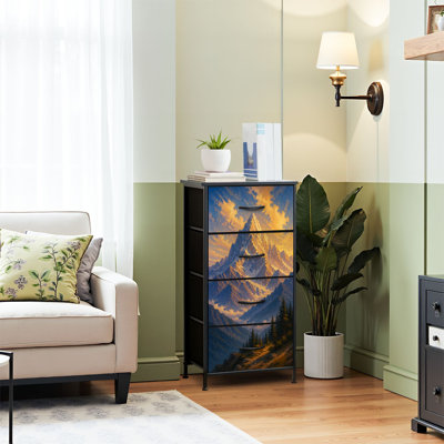 Commode 4 tiroirs pour chambre à coucher, commode étroite, plateau en bois et structure en fer 18 "x 37,5" - (H x H) - avec majestueux sommet de montagne bleu ciel texturé, reproduction de peinture à l'huile