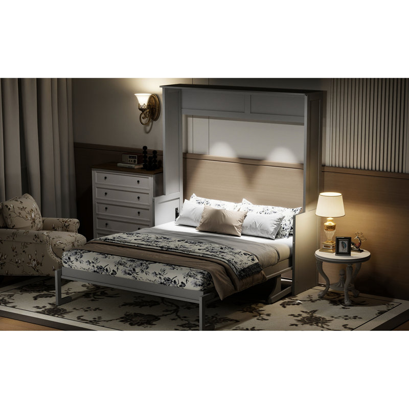 Grand lit gris avec bureau intégré, lumières à DEL, station de charge, conception moderne pour petits espaces, finition de support à lattes de bois, lumières et charge, espaces d'étude peu encombrants, construction,