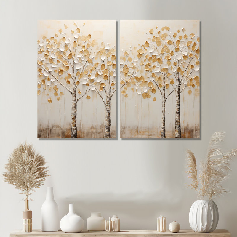 Harmonie d'arbres beiges - art mural paysages, H 36 po x l 48 po, Toile tendue sur cadre, Ne s’applique pas