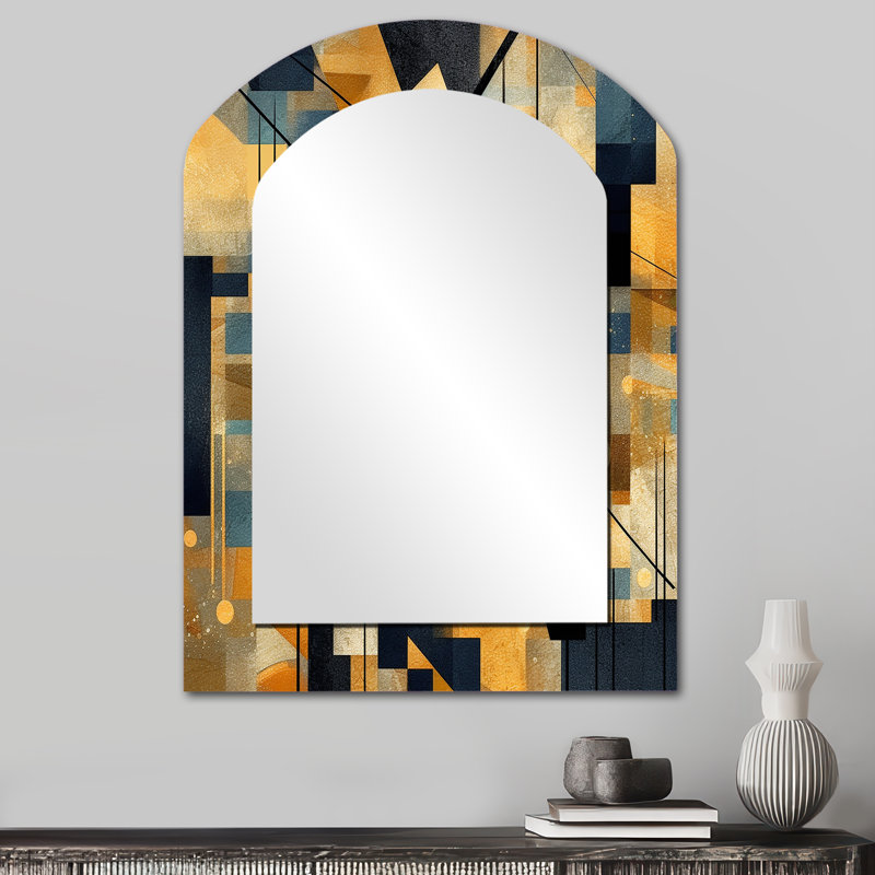 Gold Cubist Visions II - Cubism Arch Mirror, Gold Asymmetrical Unique Wall Mirror, Printed Metal Art, 34" x 25"