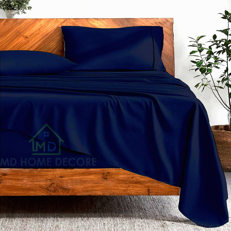 Luxury Cotton 400TC Deep Pocket Queen Sheet Set - Navy Blue Solid - 4-Piece Bed Sheets - Extra Deep 22 Inch Fitted Sheet - Elastic All Around - Queen Size - Soft & Breathable - Hotel Quality Sheets