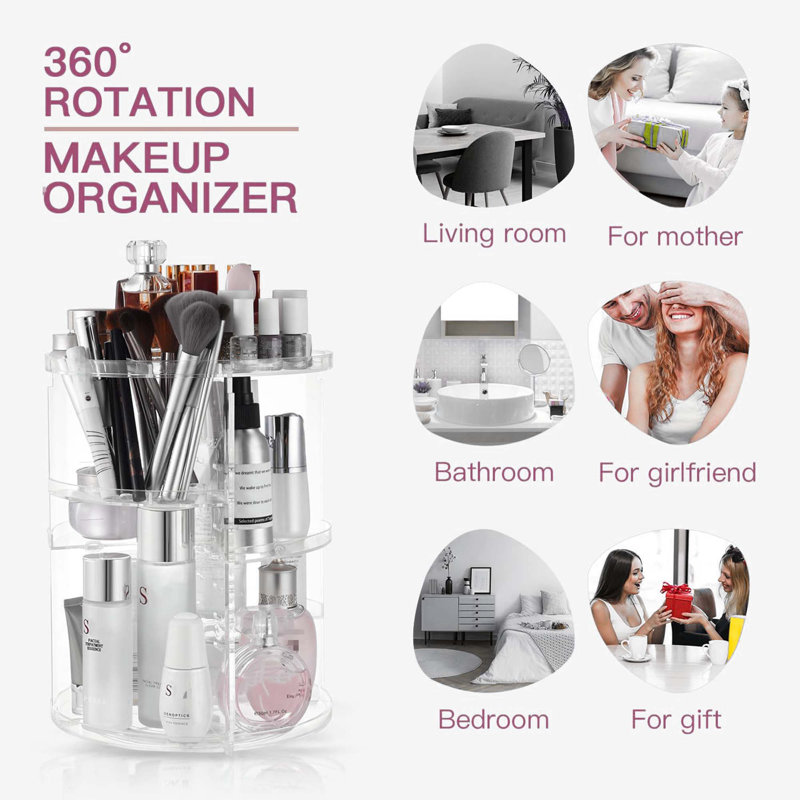 Organisateur de maquillage transparent rotatif à 360 ° - Rangement de cosmétiques pliable réglable et bricolage - Tablette spacieuse pour salle de bain de comptoir